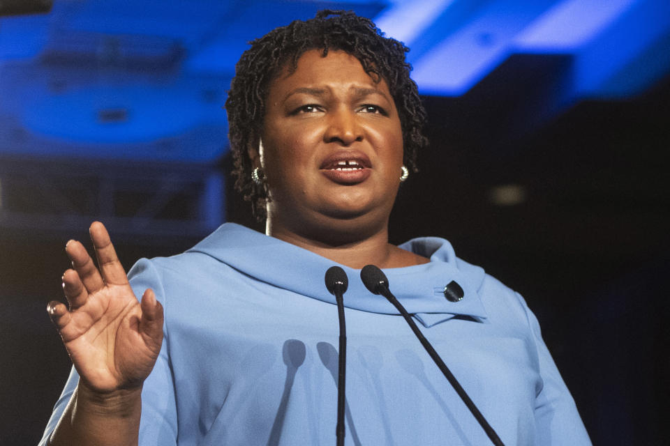 Georgia Democratic gubernatorial candidate Stacey Abrams addresses supporters during an election night watch party in Atlanta, Nov. 6, 2018. (AP Photo/John Amis)