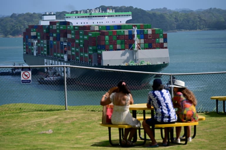 Un grupo de turistas ve pasar un barco por las esclusas de Agua Clara, en Colón, Panamá, el 14 de abril de 2024 (MARTIN BERNETTI)