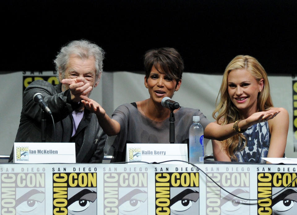SAN DIEGO, CA - JULY 20: (LR) Actor Ian McKellen, actress Halle Berry and actress Anna Paquin speak at the 20th Century Fox "X-Men: Days of Future Past" Panel during Comic-Con International 2013 at the San Diego Convention Center on July 20, 2013 in San Diego, California. (Photo by Kevin Winter/Getty Images)