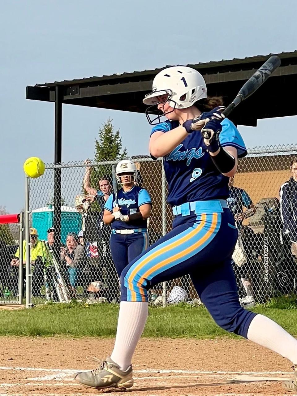 River Valley's Samantha Woods fouls off a pitch at Marion Harding in a softball game earlier this season.