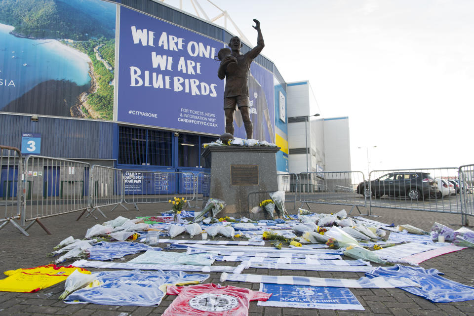 <p>Tributes outside the Cardiff City Stadium (Getty Images) </p>