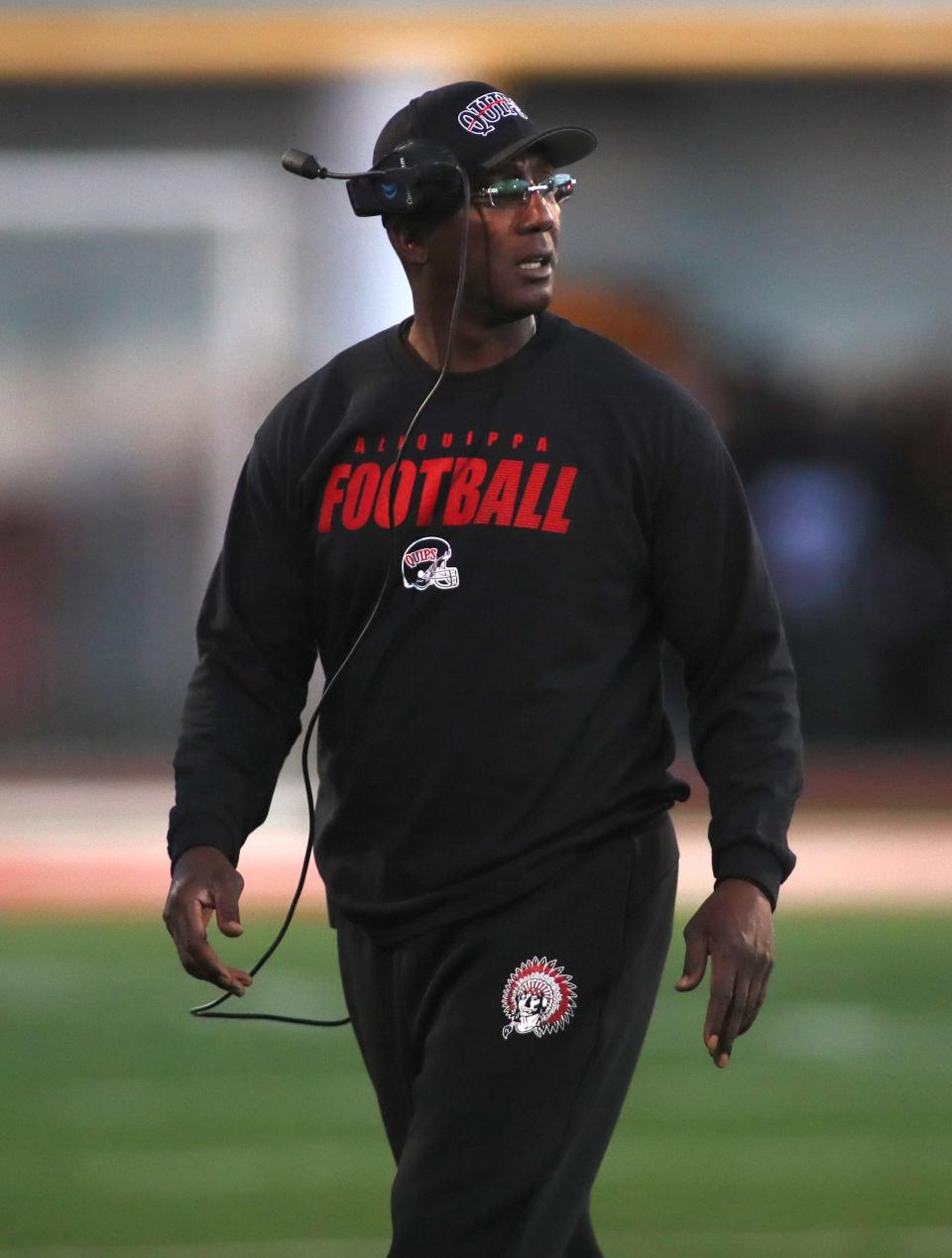 Aliquippa Head Coach Mike Warfield reacts after a call against the Quips during the first half against West Allegheny Friday night at Jimbo Covert Field in Freedom, PA.