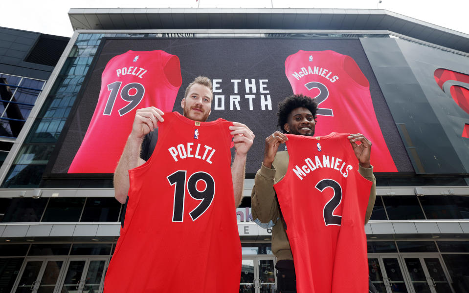 TORONTO, ON- JULY 6  -  Toronto Raptors announce the resigning of Jakob Poeltl and introduce free agent Jalen McDaniels at Scotiabank Arena in Toronto. July 6, 2023.        (Steve Russell/Toronto Star via Getty Images)