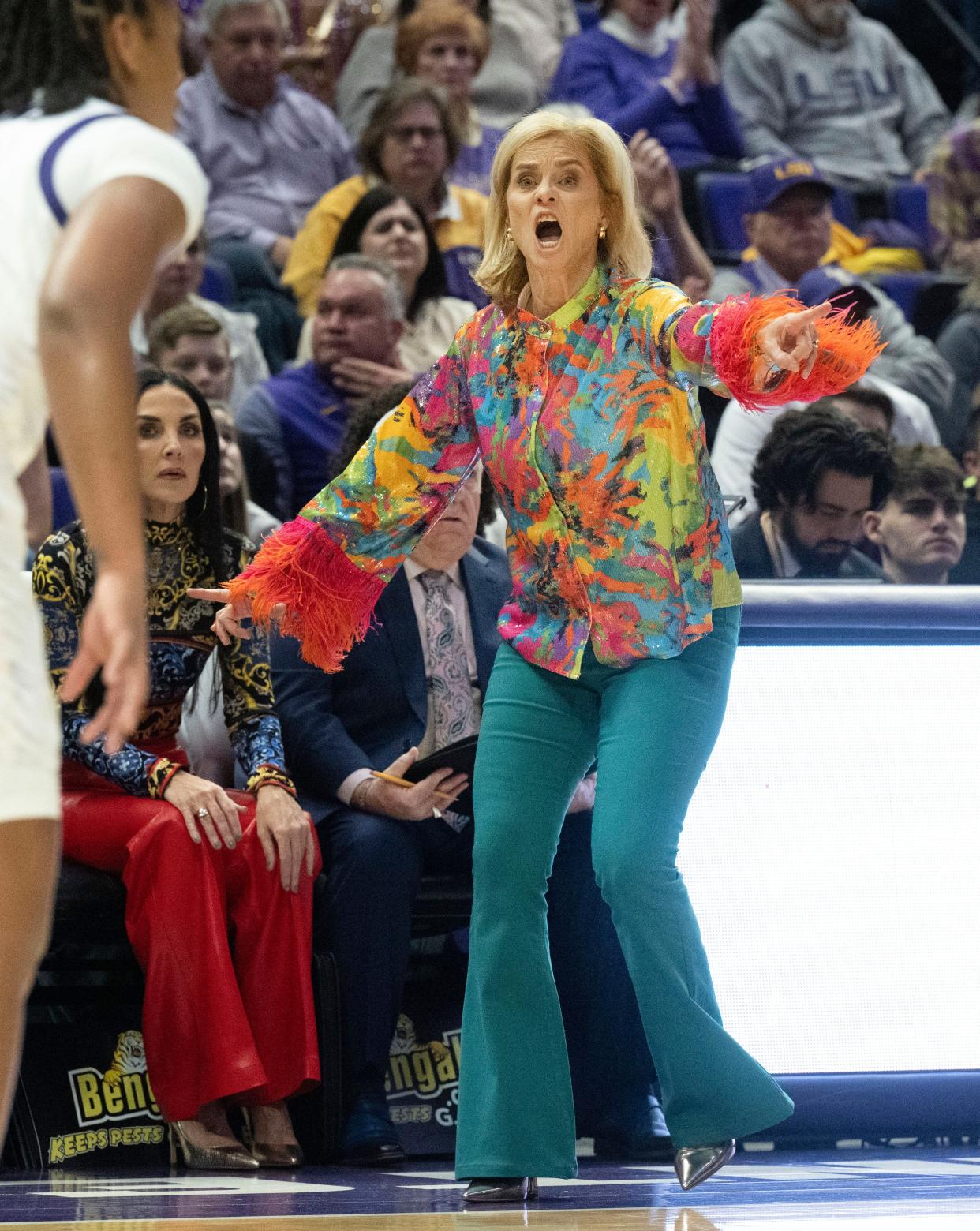 LSU coach Kim Mulkey reacts during the team's NCAA college basketball game against Missouri on Thursday, Jan. 4, 2024, in Baton Rouge, La. (Hilary Scheinuk/The Advocate via AP)