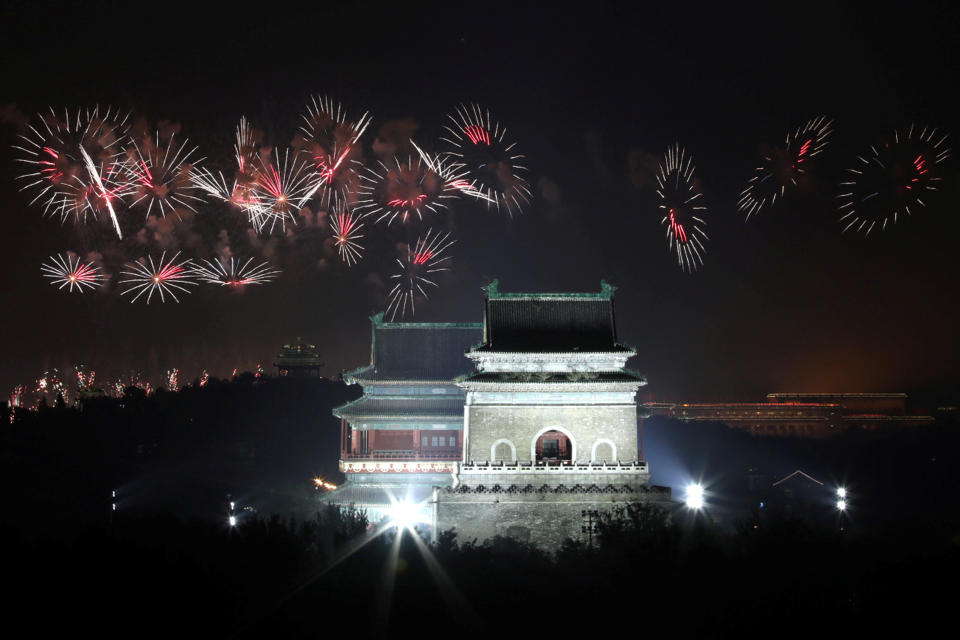 Fireworks explode over the Bell and Drum Towers during an evening gala marking the 70th anniversary of the founding of the People's Republic of China, on its National Day, in Beijing, China October 1, 2019. (Photo: Sheng Li/Reuters)