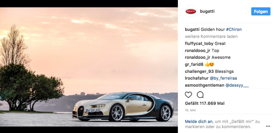 <p>Knapp darüber liegt der Elsässer Autobauer Bugatti, mit 4,2 Millionen Followern.<br> (Bild: instagram.com/bugatti) </p>