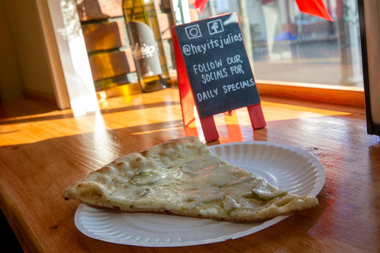 A slice of pickle pizza at Julio's Pizza Co. in Atlantic Highlands. A Keansburg location opened earlier this year.