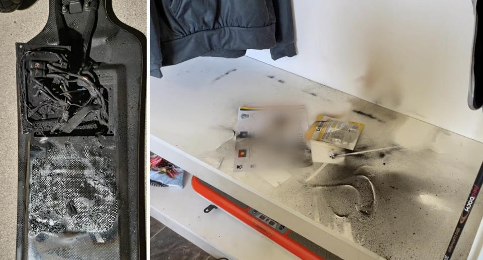 A burnt e-skateboard (left) and the shelf in the bedroom where the e-skateboard was on charge.