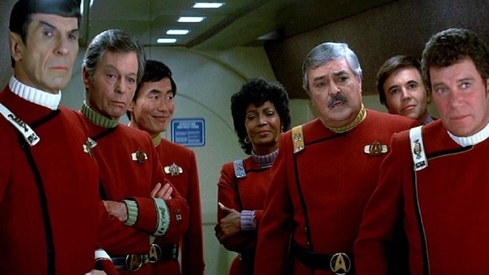 The crew of the Enterprise in Star Trek IV: The Voyage Home.