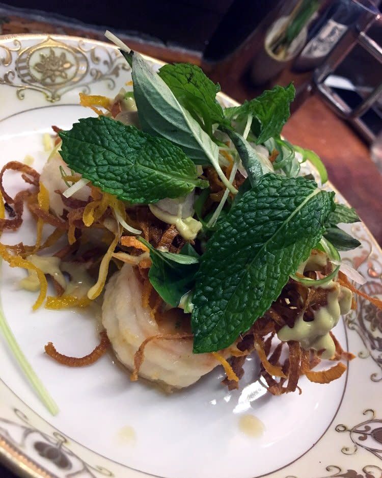 crispy sweet potato, shrimp, curry and herbs at Rose's Luxury in Washington, D.C.