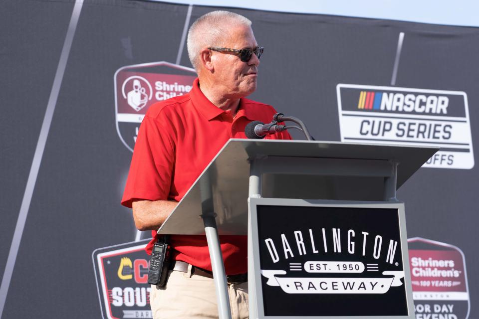 Darlington Raceway President Kerry Tharp addresses the fans prior to the COOK OUT Southern 500 at Darlington Raceway on Sep. 4, 2022 in Darlington, South Carolina.