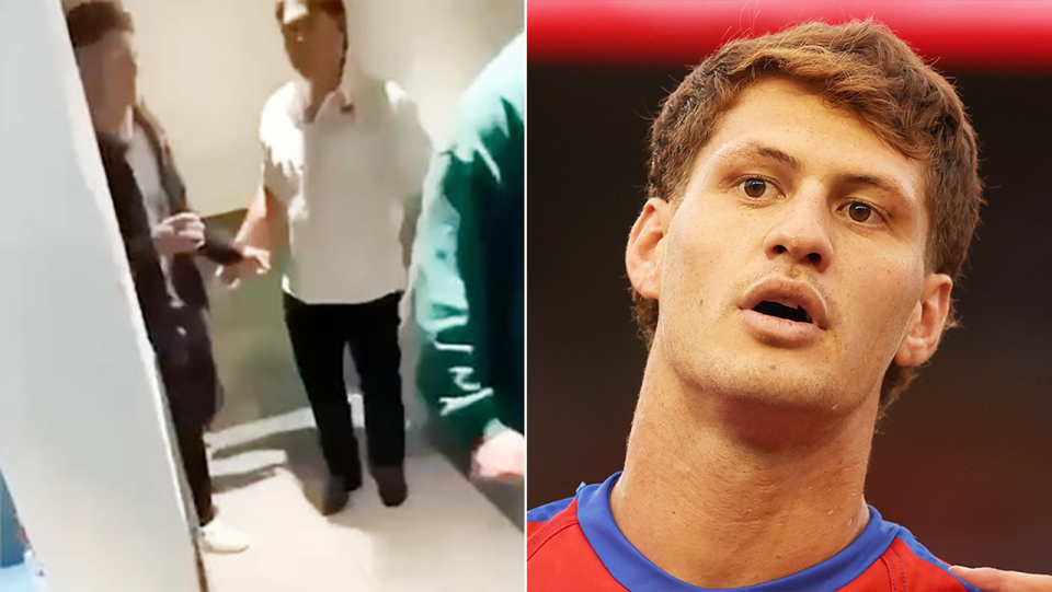 Video emerged of Kalyn Ponga and Kurt Mann leaving a toilet cubicle (pictured left) and Kalyn Ponga (pictured right).