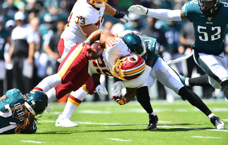 PHILADELPHIA, PA - SEPTEMBER 08: Washington Redskins Running Back Derrius Guice (29) carries the ball tackled by Philadelphia Eagles Safety Rodney McLeod (23) and  Cornerback Ronald Darby (21) in the first half during the game between the Washington Redskins and Philadelphia Eagles on September 08, 2019 at Lincoln Financial Field in Philadelphia, PA. (Photo by Kyle Ross/Icon Sportswire via Getty Images)