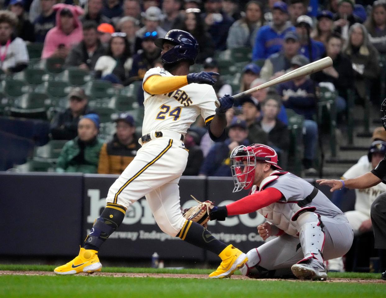 Andrew McCutchen was acquired by the Milwaukee Brewers to be their designated hitter, a new position for the National League this year.