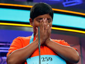 <p>Alex Iyer, 14, from San Antonio, Texas ponders spelling his word during the 90th Scripps National Spelling Bee, Thursday, June 1, 2017, in Oxon Hill, Md. (AP Photo/Alex Brandon) </p>