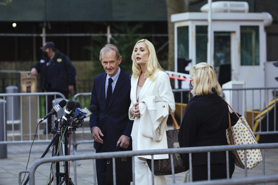 Attorneys David Boies, left, and Sigrid McCawley speak following Ghislaine Maxwell's appearance in Federal Court on Friday, April. 23, 2021, in New York. Ghislaine Maxwell, a British socialite and one-time girlfriend of Epstein, pleaded not guilty to sex trafficking conspiracy and an additional sex trafficking charge that were added in a rewritten indictment released last month by a Manhattan federal court grand jury. (AP Photo/Kevin Hagen)