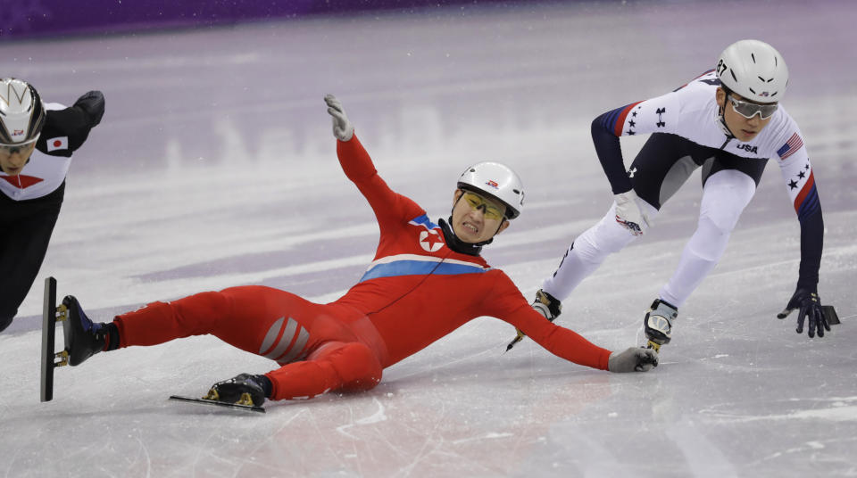 Jong Kwang Bom of North Korea crashes during their men’s 500 meters short track speedskating heat in the Gangneung Ice Arena at the 2018 Winter Olympics in Gangneung, South Korea, Tuesday, Feb. 20, 2018. (AP Photo/Bernat Armangue)