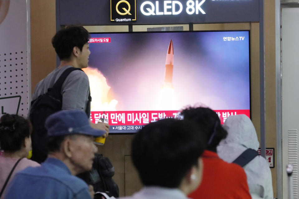 A TV screen shows a file image of North Korea's missile launch during a news program at Seoul Railway Station in Seoul, South Korea, Thursday, Sept. 12, 2024. (AP Photo/Ahn Young-joon)