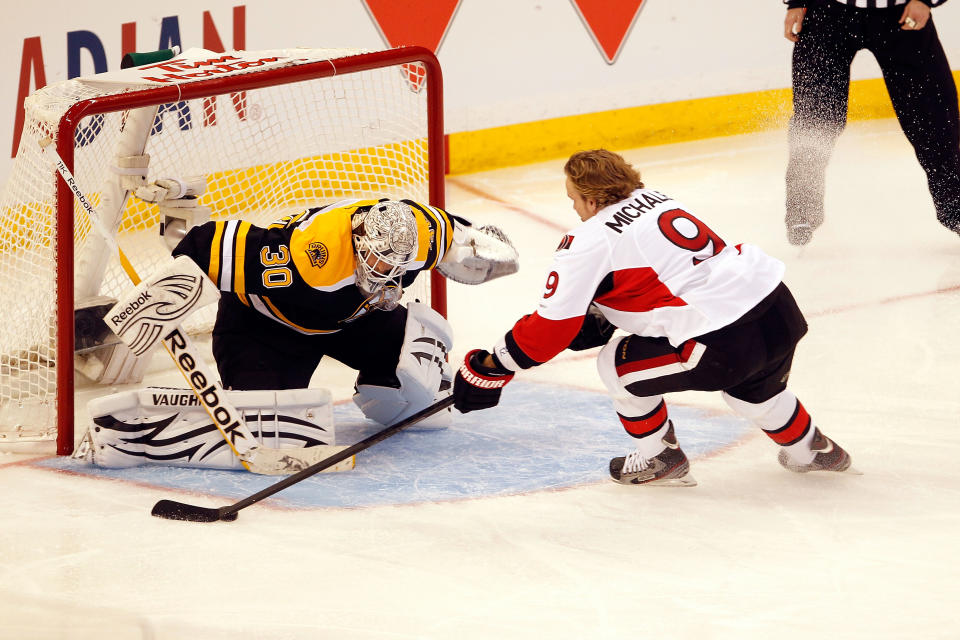 OTTAWA, ON - JANUARY 28: Milan Michalek #9 of the Ottawa Senators and Team Alfredsson takes a shot on Tim Thomas #30 of the Boston Bruins and Team Chara during Tim Hortons NHL Elimination Shoot Out part of the 2012 Molson Canadian NHL All-Star Skills Competition at Scotiabank Place on January 28, 2012 in Ottawa, Ontario, Canada. (Photo by Gregory Shamus/Getty Images)