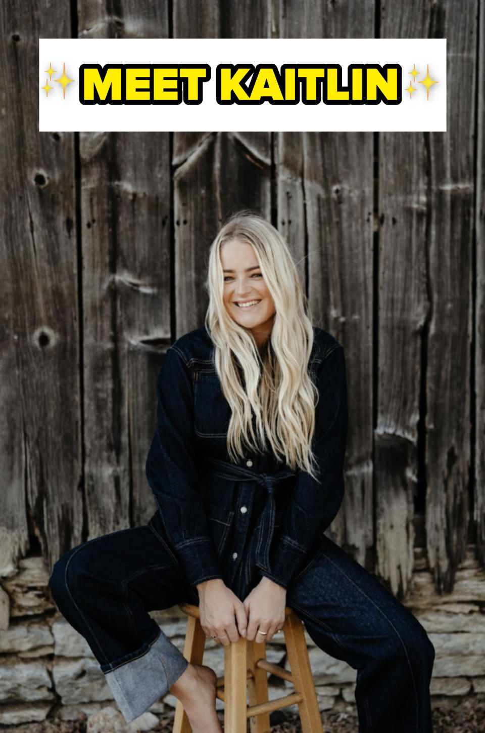 A closeup of Kaitlin Murray sitting on a wooden stool outside