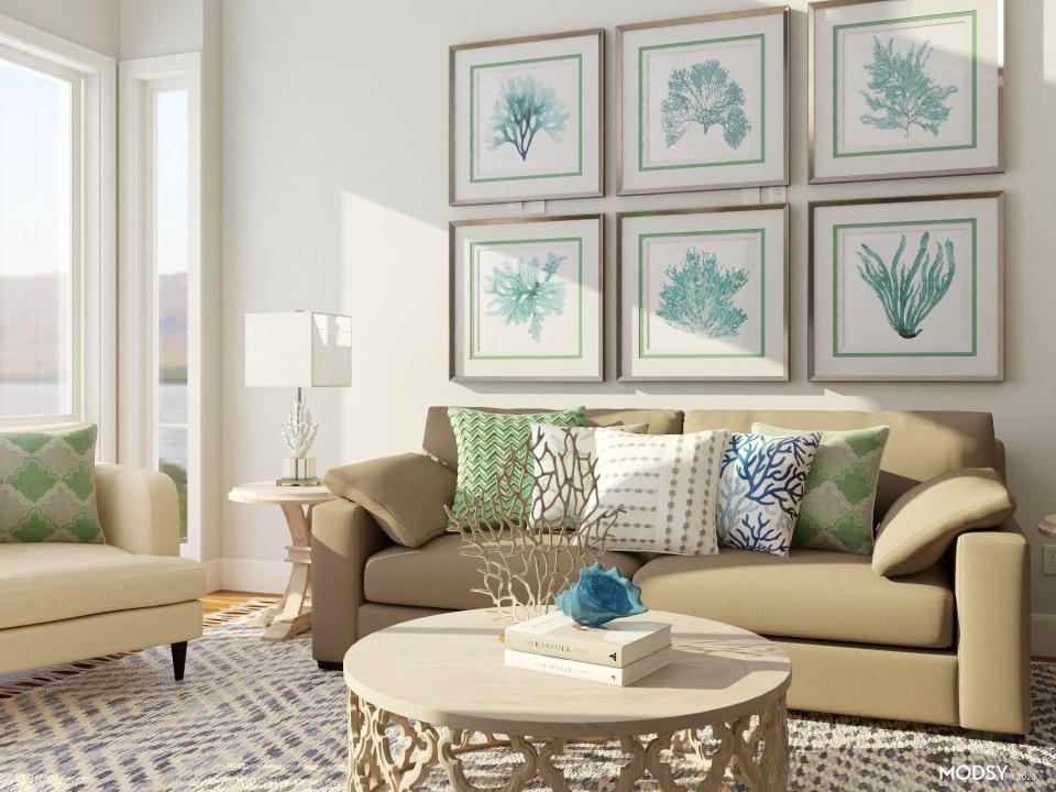 This undated photo rendering provided by Modsy shows a room decorated like an island getaway. Alessandra Wood, founder of online interior design platform Modsy, says you can invoke the vibe of your favorite island getaway through some well-chosen prints and materials. "Look for pieces that have a subtle tropical vibe via foliage, like palms, as well as natural raw wood or rattan textures, and fun global prints." To achieve a coastal getaway look, Wood suggests opting for layers of serene blues and seafoam greens paired with neutral hues. "This will evoke the sea and the sand and create a calming backdrop. To really feel like you're on a beach getaway incorporate sea themed items such as prints, sculptures, and objects that depict shells and sea life." (Modsy via AP)