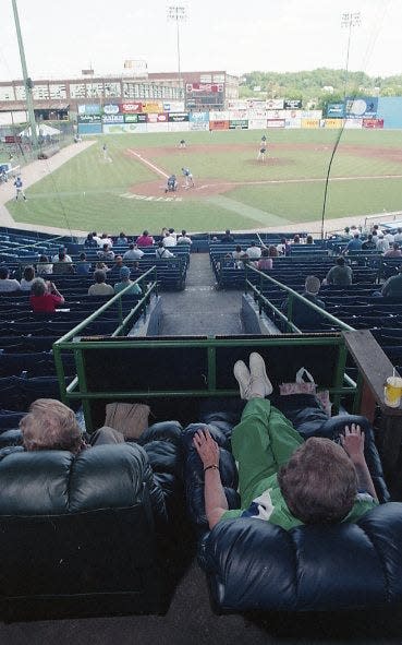 The view at Bill Meyer Stadium in 1996. The old Standard Knitting Mill is at top left. Mildred Owen, left, and her sister Charlotte Stone relax as they watch a Knoxville Smokies game — the two lucky winners of a random drawing for free food and drink in the comfort of recliners. The stadium was torn down in 2003.