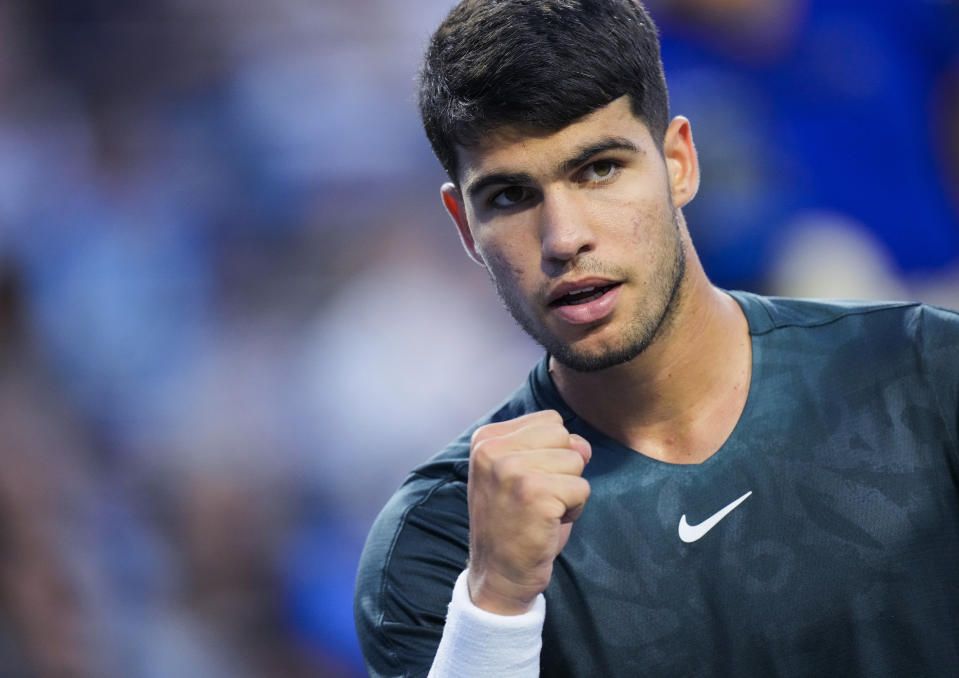 Spain's Carlos Alcaraz celebrates during his match against Poland's Hubert Hurkacz at the National Bank Open men’s tennis tournament Thursday, Aug. 10, 2023, in Toronto. (Mark Blinch/The Canadian Press via AP)