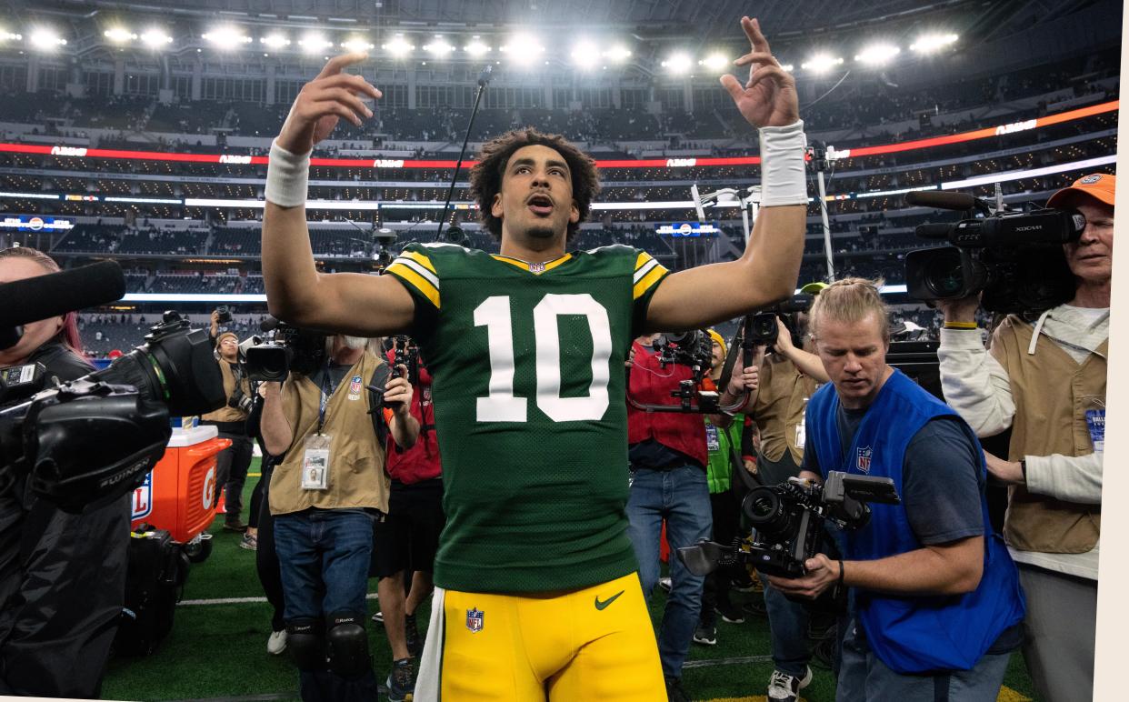 Green Bay Packers quarterback Jordan Love (10) leaves the field after their wild card playoff win over the Dallas Cowboys on Jan. 14, 2024, at AT&T Stadium in Arlington, Texas.