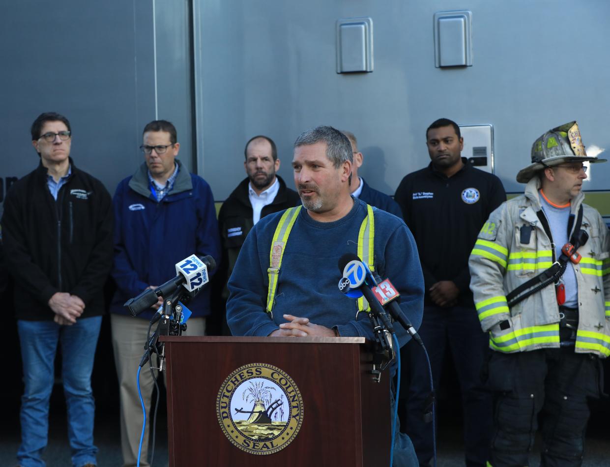 Village of Wappingers Falls mayor and fire fighter Kevin Huber speaks during a press conference about the ruptured gas line and subsequent fire in the Village of Wappingers Falls on November 2, 2023.