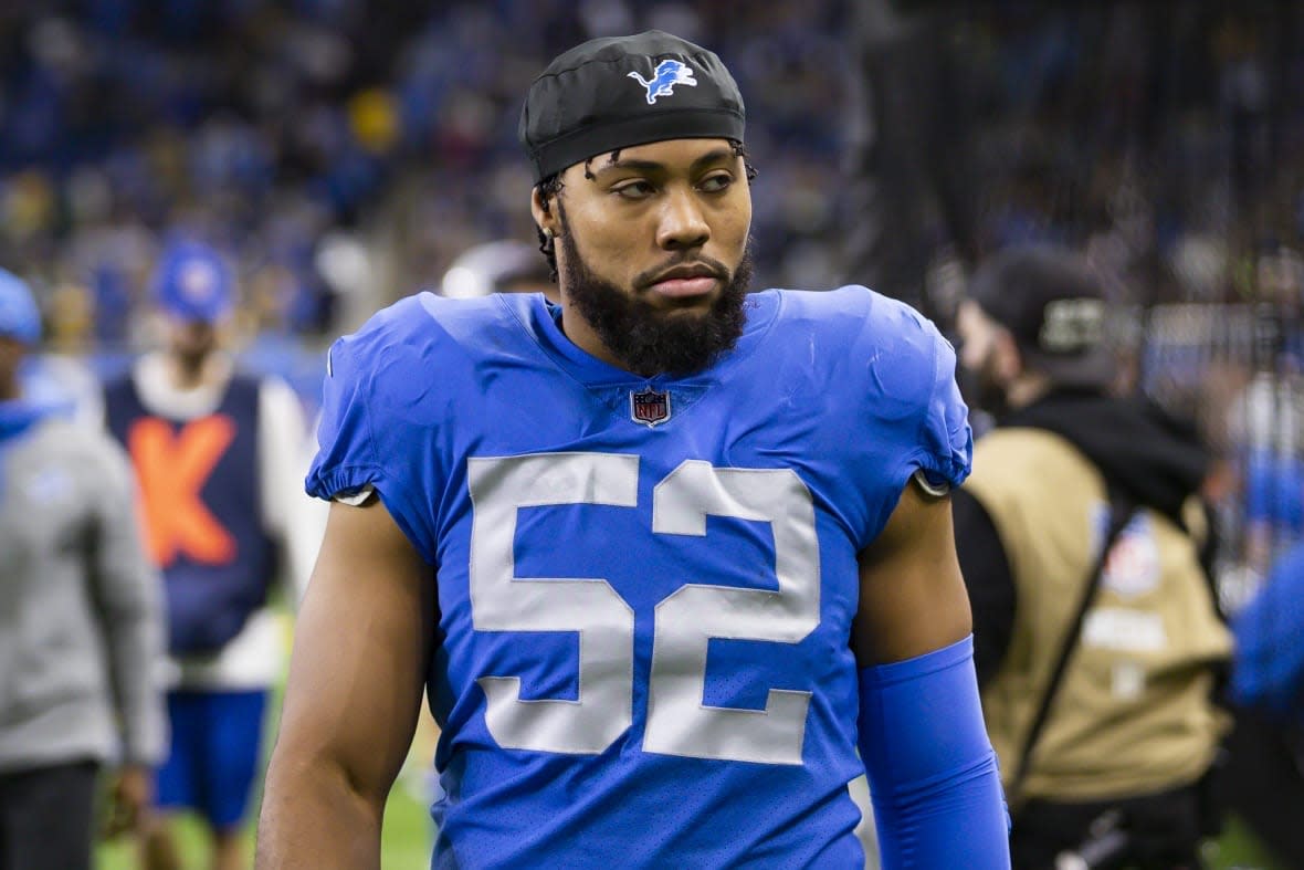 Detroit Lions linebacker Jessie Lemonier (52) walks off the field on Jan 9, 2022, just after the second quarter against the Green Bay Packers at Ford Field. (Mandatory Credit: Raj Mehta-USA TODAY Sports)