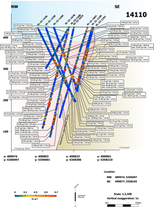 Cross Section 14110E (View NE) with all Fire Assay Data, Berry Deposit, Valentine Gold Project.