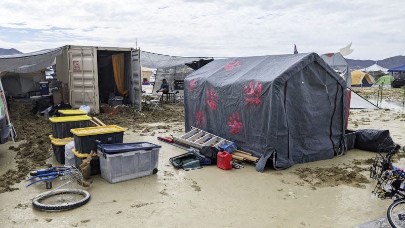 Tents amid the mud after torrential rain during the annual Burning Man festival in the Black Rock Desert, in Nevada on September 2, 2023.