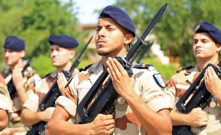 French soldiers stand at attention during a morning drill at the French military base in Chadian capital N’Djamena, October 26, 2014. REUTERS/Emma Farge