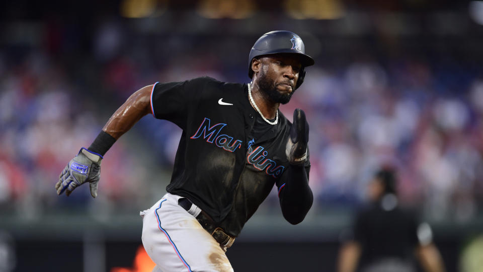 Miami Marlins' Starling Marte in action during a baseball game against the Philadelphia Phillies, Friday, July 16, 2021, in Philadelphia. (AP Photo/Derik Hamilton)