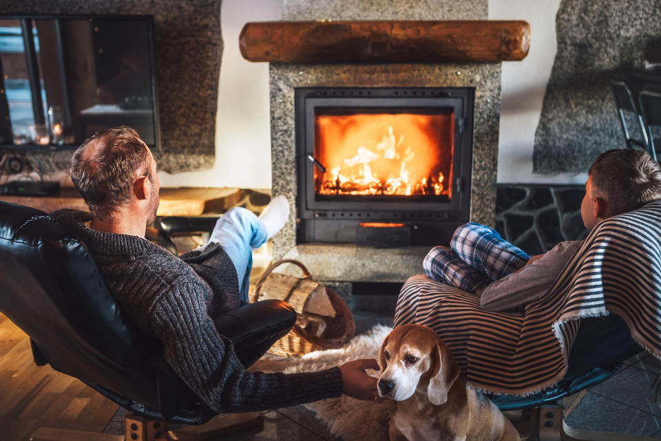 Father with son sitting in comfortable armchairs in their cozy country house near fireplace and enjoying a warm atmosphere and flame moves. Their beagle friend dog sitting beside on white sheepskin.