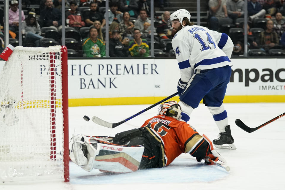 Tampa Bay Lightning left wing Pat Maroon (14) shoots against Anaheim Ducks goaltender John Gibson (36) during the second period of an NHL hockey game in Anaheim, Calif., Wednesday, Oct. 26, 2022. (AP Photo/Ashley Landis)