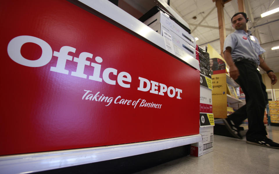 FILE - This July 12, 2010, file photo shows signage at an Office Depot store in Mountain View, Calif. Office Depot and Alibaba.com are creating a co-branded online store to expand the reach of both companies with small and medium size businesses. The two companies announced the agreement Monday, March 4, 2019, as part of a broader array of services they are providing to small business. Over time, the companies intend to help U.S. small businesses sell their products to buyers around the world through Alibaba.com. It marks Alibaba.com’s first U.S. partnership with a major company. (AP Photo/Paul Sakuma, File)
