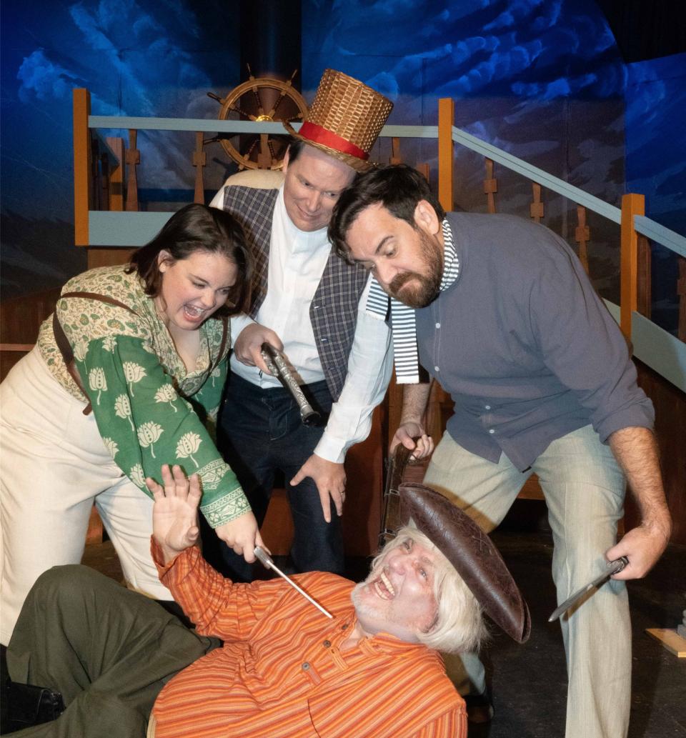 Tyler King, Erik Boritzki and Chris Angel play mutineers recruiting a crewman, played by Steve Mogell, in the comedy "Moby Dick Fractured," on stage at Surfside Playhouse through July 2, 2023. Visit surfsideplayhouse.com.