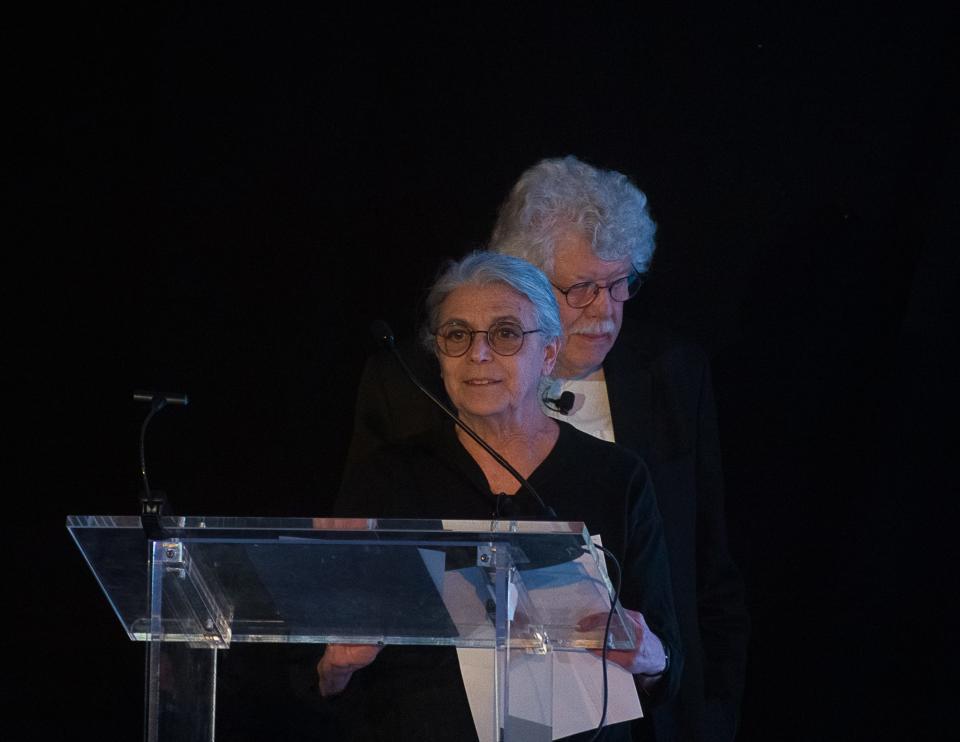 Architects Michael Schwarting and Frances Campani discuss saving the 1931 Aluminaire House during a Modernism Week presentation at the Hyatt in Palm Springs, Calif., on Feb. 21, 2024.