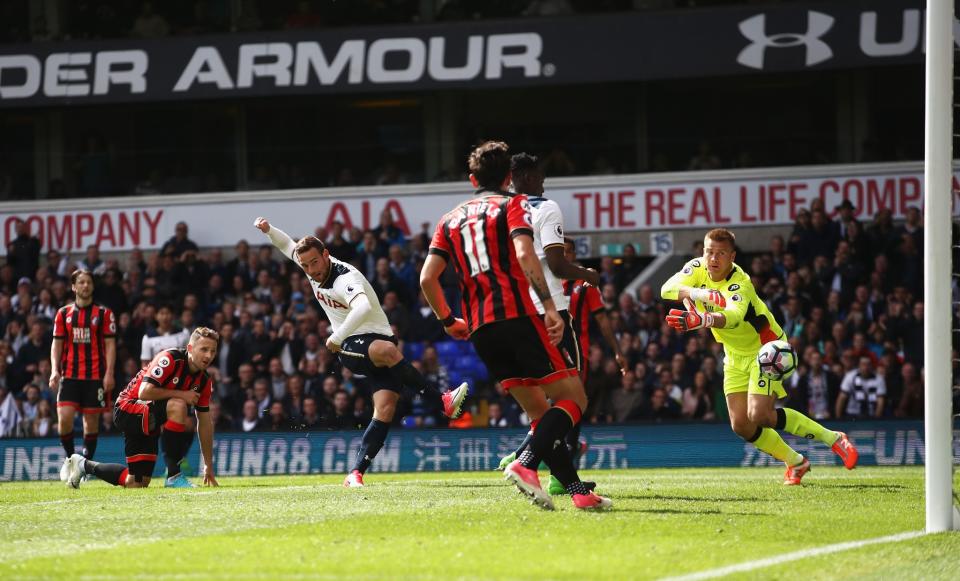 <p>Vincent Janssen drills home Spurs’ fourth goal</p>