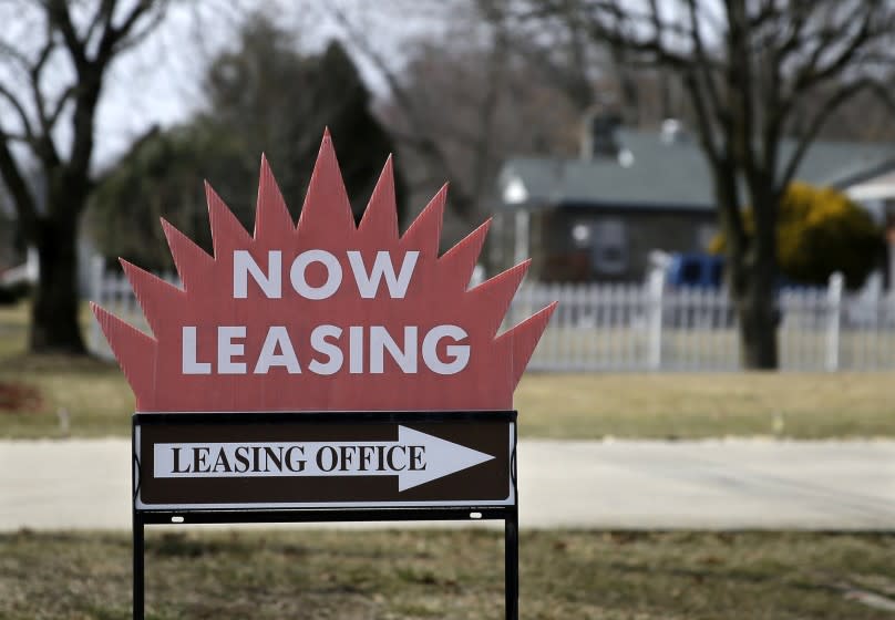 FILE - This March 16, 2015 photo shows a "now leasing" sign outside an apartment complex near Millville, N.J. U.S. home rents jumped in July as house prices showed signs of flagging. Real estate data firm Zillow said Tuesday, Aug. 25, 2015 that rents rose a seasonally adjusted 4.2 percent from a year ago. The higher rents suggest that demand for apartments is continuing to grow as the share of Americans owning homes has dropped. (Photo/Mel Evans)
