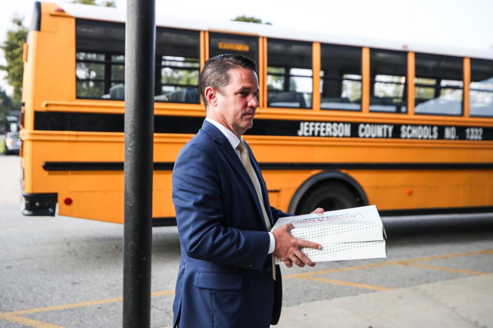 JCPS Superintendent Dr. Marty Pollio brought Krispy Kreme donuts to Shaffner Elementary School on the first day of classes Wednesday morning, Aug. 9, 2023. 