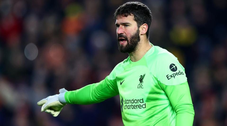 Alisson of Liverpool gestures during the Premier League match between Brentford and Liverpool at the Gtech Community Stadium in London, United Kingdom on January 2, 2023.