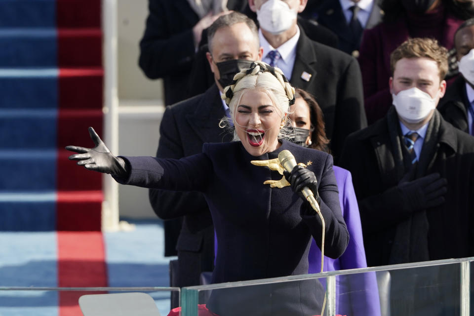 Lady Gaga sings the National Anthem during the 59th Presidential Inauguration at the U.S. Capitol in Washington, Wednesday, Jan. 20, 2021. (AP Photo/Patrick Semansky, Pool)