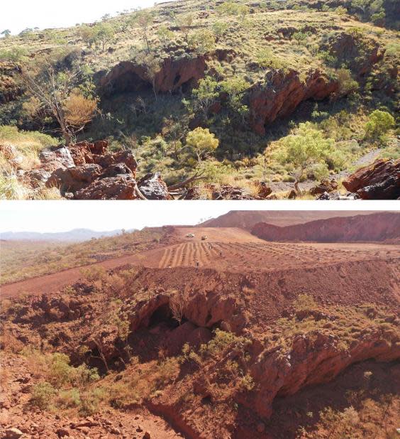 Photos released by the PKKP Aboriginal Corporation show Juukan Gorge in Western Australia on June 2, 2013 (top) and how it was on May 15, 2020, after mining activity but before the blasts which destroyed the ancient caves (PKKP Aboriginal Corporation/AFP)