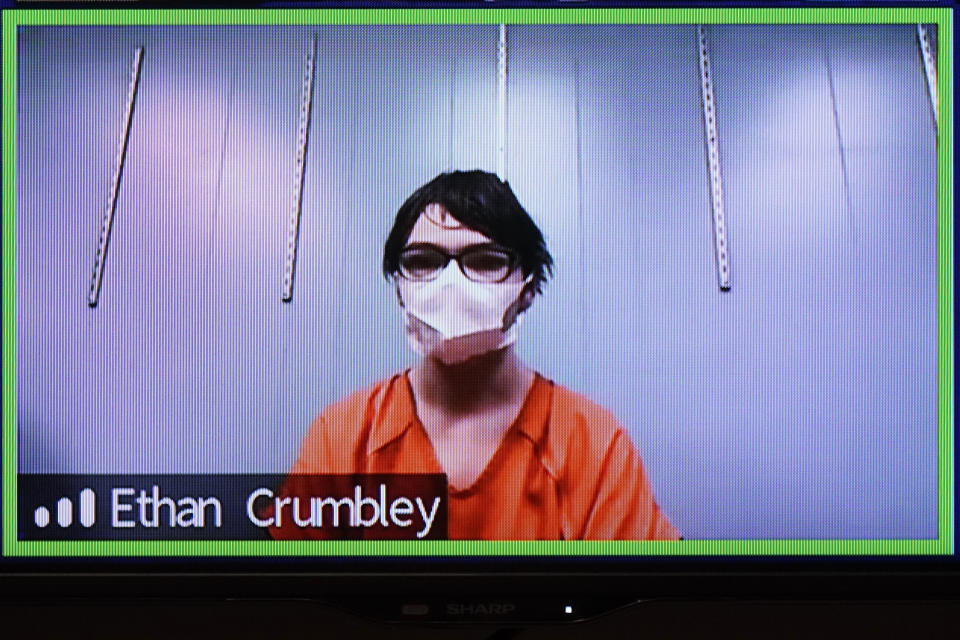 FILE - This image from 52-3 District Court shows Ethan Crumbley in a Zoom hearing in Rochester Hills, Mich., Friday, Jan. 7, 2022. Attorneys say Crumbley, who is charged with killing four students at a Michigan high school will pursue an insanity defense. A summary of case filings available online says a notice was filed Thursday, Jan. 27. (AP Photo/Carlos Osorio, File)