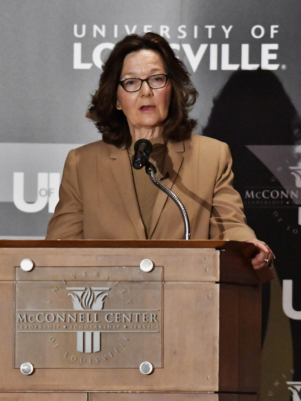 CIA Director Gina Haspel addresses the audience as part of the McConnell Center Distinguished Speaker Series at the University of Louisville, Monday, Sept. 24, 2018, in Louisville, Ky. (AP Photo/Timothy D. Easley)