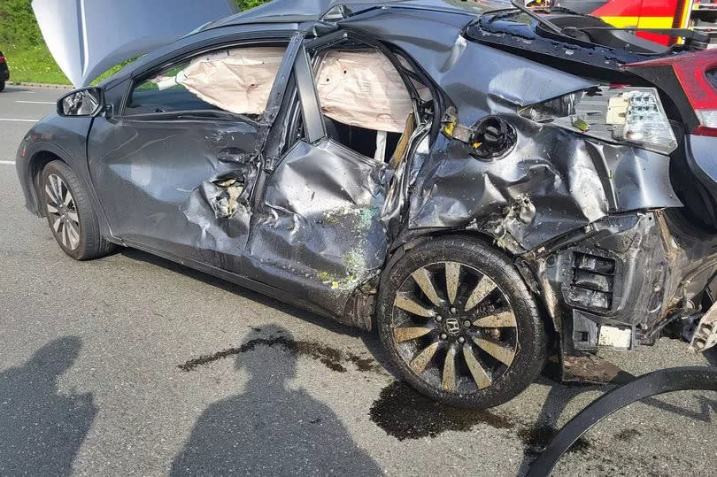 Damage sustained by one of the cars involved in a crash at the junction of the M6 and A444 at Exhall -Credit:Nuneaton Fire Station
