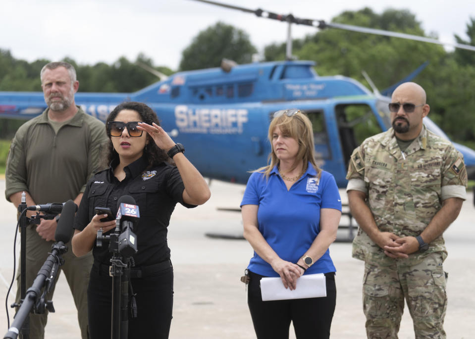 Harris County Judge Lina Hidalgo speaks before going up in a helicopter at David Wayne Hooks Memorial Airport to survey flood damage around the northern section of greater Houston, Saturday, May 4, 2024, in Spring, Texas. (Jason Fochtman/Houston Chronicle via AP)