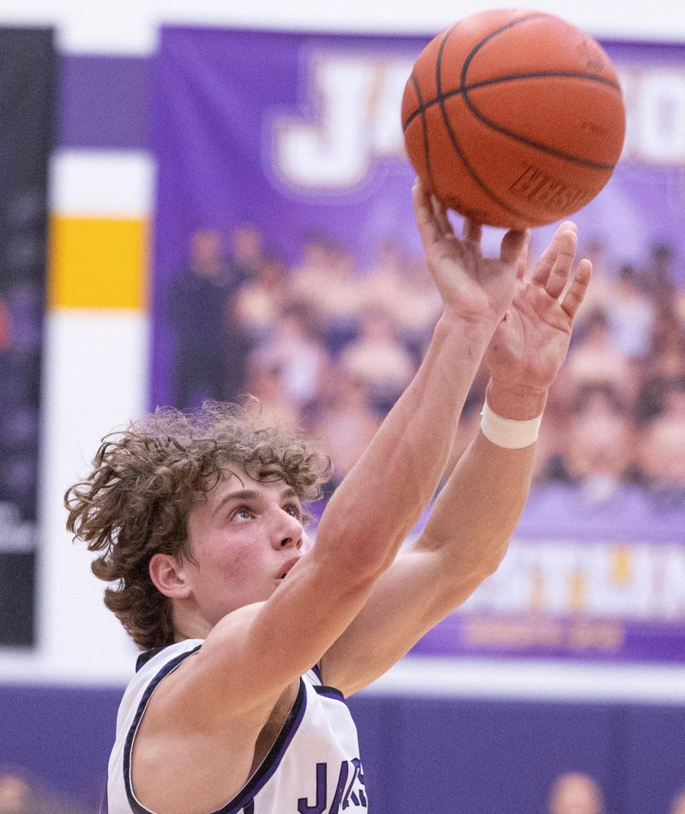 Jackson's Anthony Fuline shoots during a boys varsity basketball game against Wadsworth at Jackson on Tuesday, Feb.13, 2024.